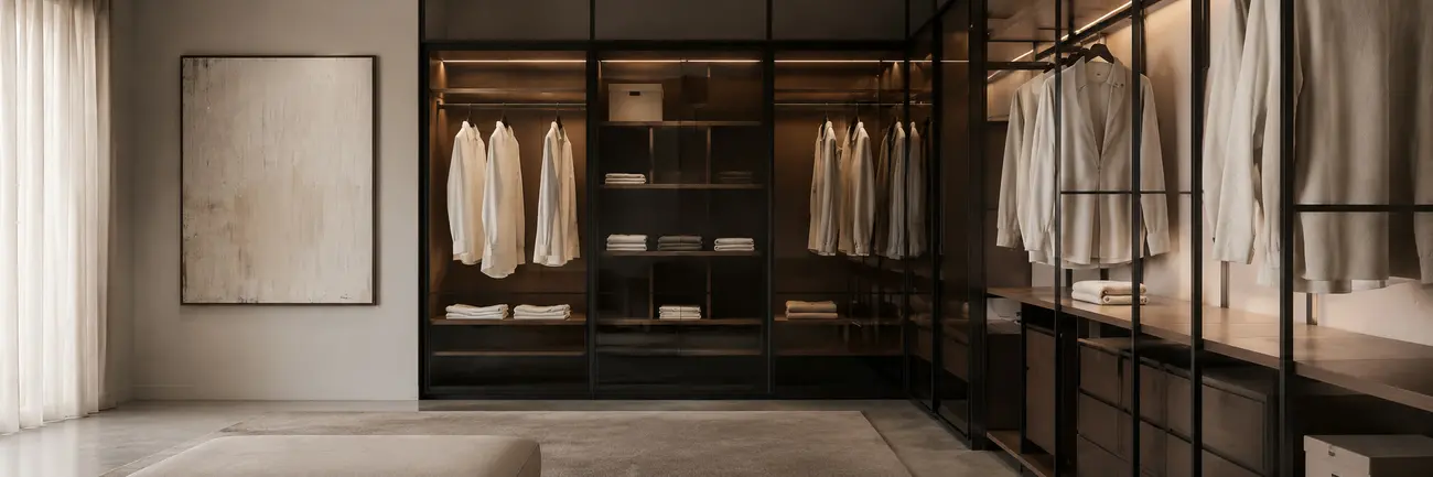 Closet planejado com iluminação embutida e estrutura em metal preto
